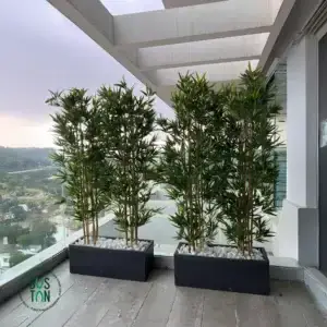 אדנית שחורה באורך 80 ס״מ עם 2 עצי במבוק מלאכותיים בגובה 1.8 מטר